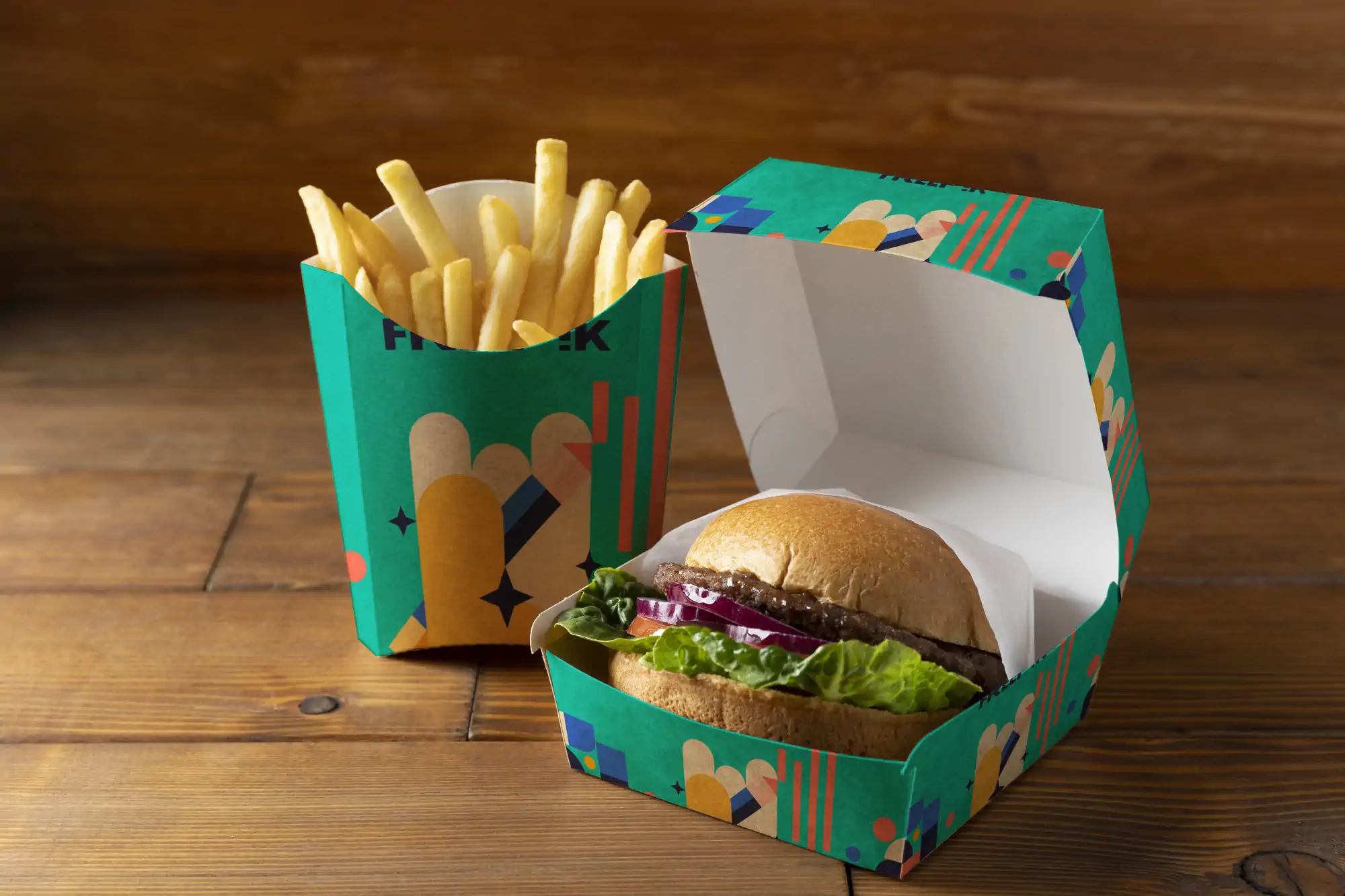 High angle delicious burger and fries